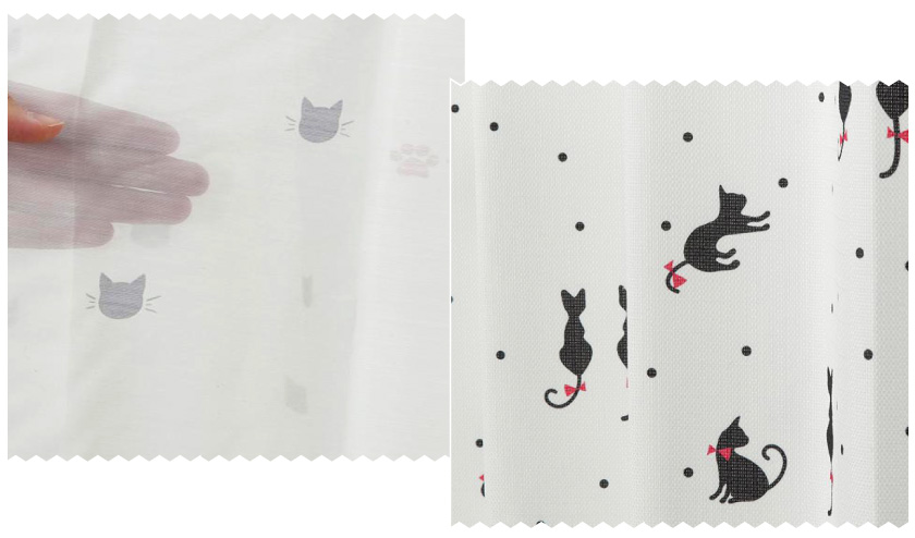 黒猫が描かれたねこ好きにおすすめの、ドレープとレースがセットになった既製4枚セットカーテンです
