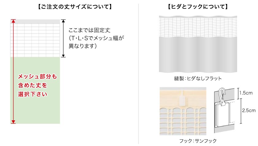 医療用メッシュカーテンの丈の注文サイズは、メッシュを含めた部分でご注文下さい。
縫製は、ヒダ無しフラットです。フックは、サンフックが付属しています。