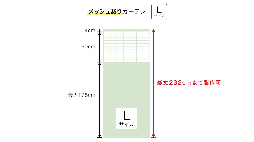 こちらの医療用メッシュカーテンの種類はLサイズ一種類です。総丈232cmまで製作可能。