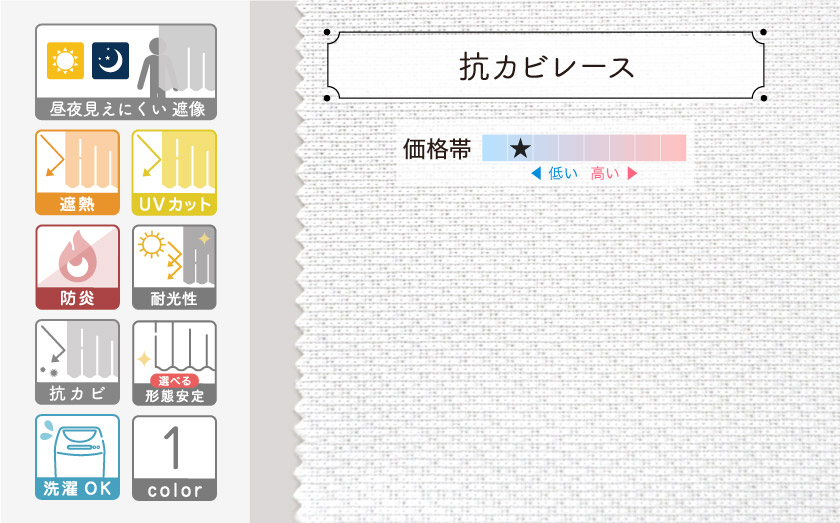 抗カビ、遮熱、UVカット、防炎機能の高機能無地遮像レースです。