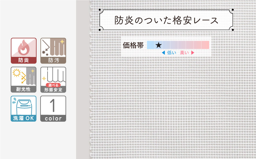 格安シリーズの機能性レースカーテンです。防汚機能、防炎機能付き。