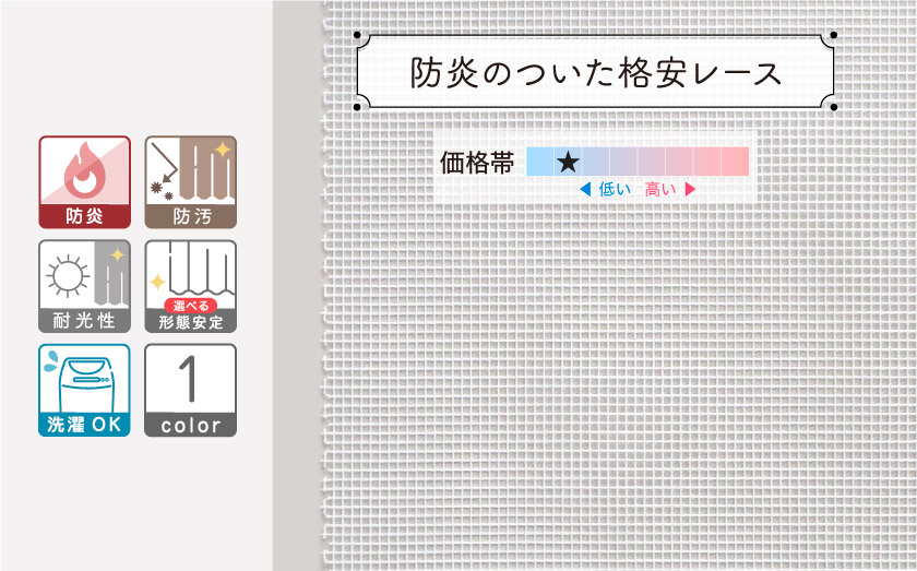 格安シリーズの機能性レースカーテンです。防汚機能、防炎機能付き。