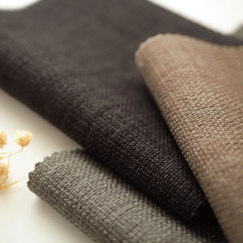 天然素材リネン風のナチュラルなくすみカラー無地カーテンです。生地アップ　ダークグレー、ブラウン、ペールグレー