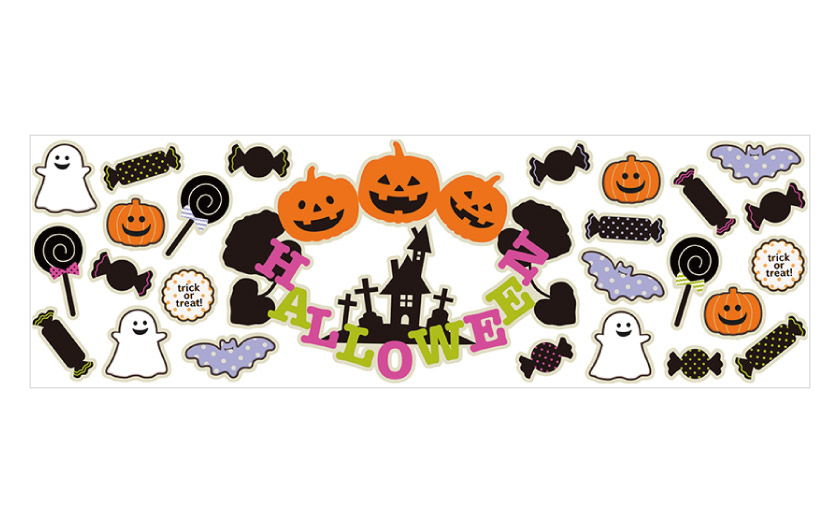 ハロウィンの大きいウォールステッカーです。おばけかぼちゃ、おばけ、お菓子、ハロウィンの文字モチーフです。