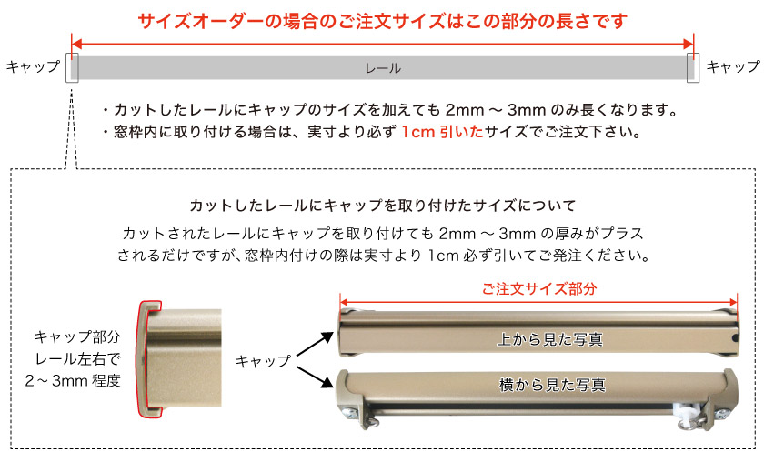 定番のオーダー機能性カーテンレールのサイズを測る場所です。カーテンレールのキャップを省いたレール部分を採寸します。