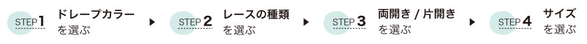 ドレープカーテンとレースカーテンセットの購入方法です。ステップ１　ドレープのカラーを選びます。ステップ２　レースの種類を選びます。ステップ３両開き、片開きを選びます。ステップ４サイズを選びます。