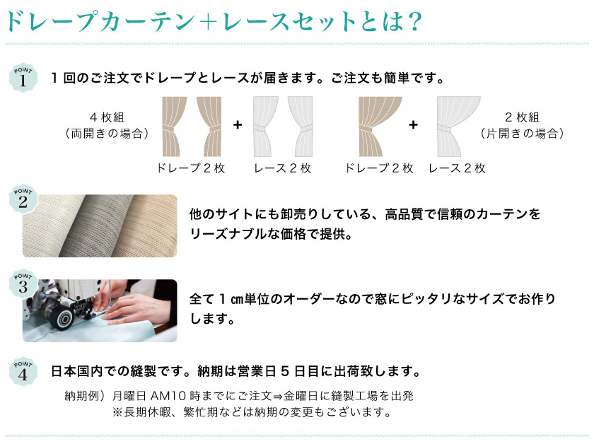 ドレープ&レースセットは、一回のご注文でドレープとレースが届きます。両開きの場合は4枚組セットカーテン、片開きの場合は2枚組セットカーテンが届きます。 すべて1cm単位でのオーダーが可能です。