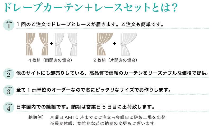 カーテン市場のドレープカーテンと選べるレースセットは、1cm単位でオーダー可能！日本国内縫製の高品質で信頼のカーテンセットをリーズナブルな価格でご提供。