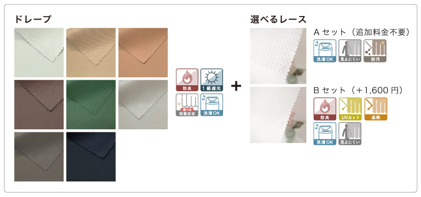 ドレープカーテン、色は８色、　プラス、レース2種類からどちらかお選びいただけます。Ａセット(追加料金不要)，Ｂセット（プラス１６００円）