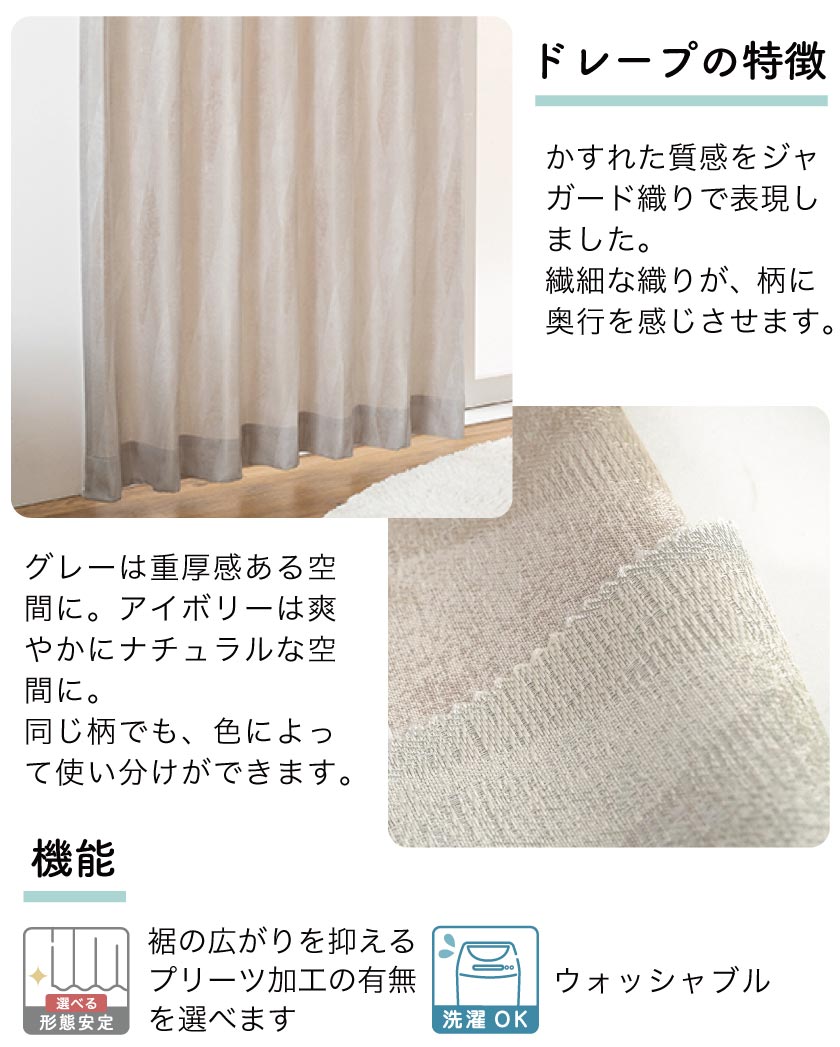非遮光ドレープ『かすれ模様カーテン＋おすすめレース』セット