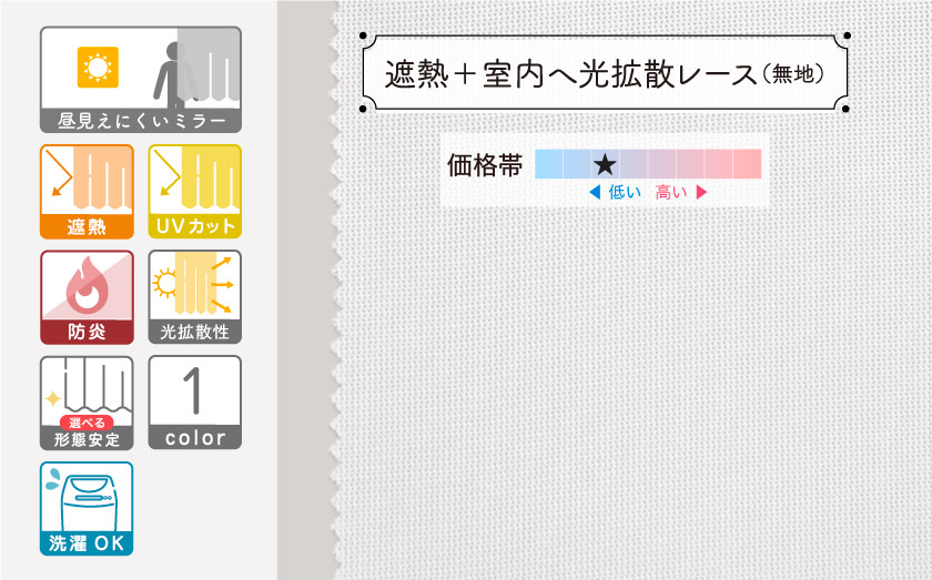 室内へ光拡散をする無地レースカーテンです。遮熱機能付き。
