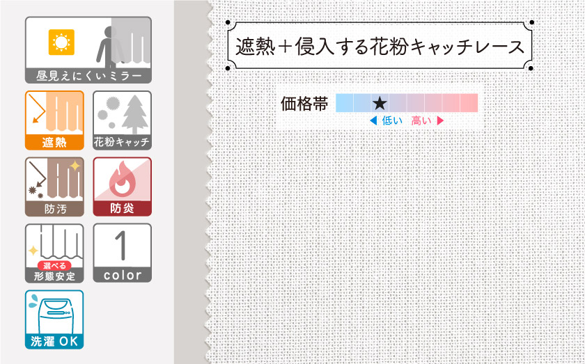ミラーレースカーテン【遮熱＋侵入する花粉キャッチレース】