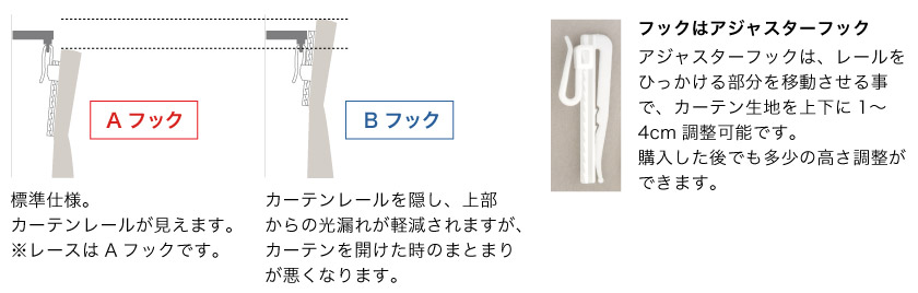 オーダーカーテンに付属しているアジャスターフックは購入後にも上下の調整が可能です。フックはAフックとBフックがあります。