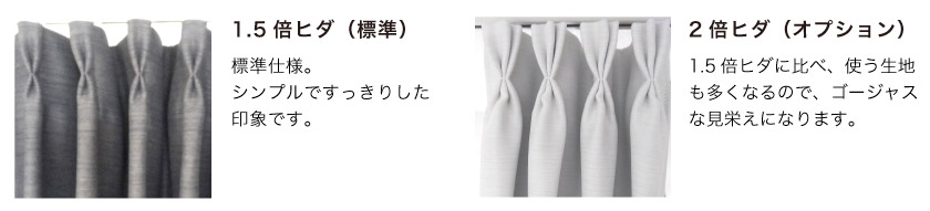 オーダーカーテンの縫製仕様。カーテンは1.5倍ヒダと2倍ヒダが選べます。