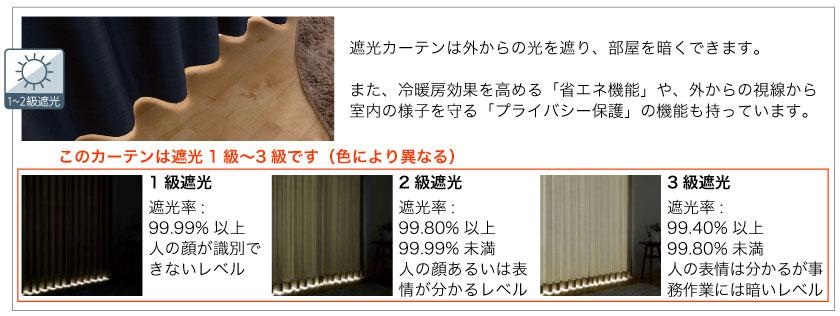 1級遮光〜3級のカーテンです。寝室や外からの視線を避けたい部屋にもおすすめです。