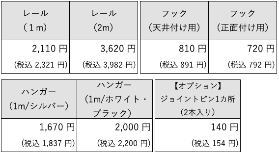 ピクチャーレールTシリーズ/3色の価格表です。