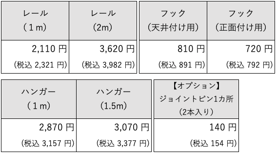 ピクチャーレールTシリーズ/シルバーの価格表です。
