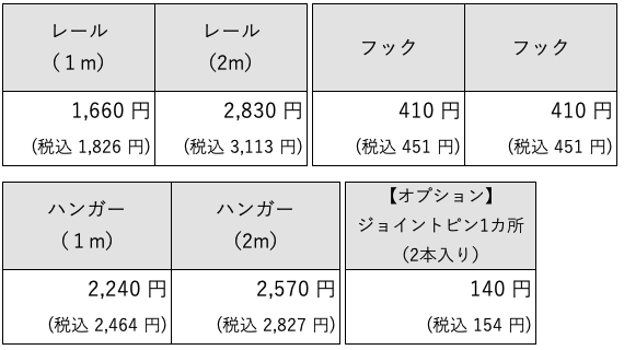 ピクチャーレールLシリーズの価格表です。