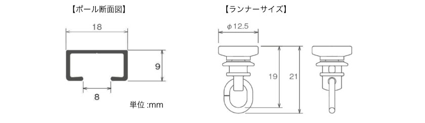 コンパクトカーテンレールのポール断面図とランナーサイズです