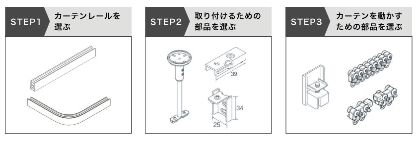 パーツを選ぶステップは簡単です。ステップ1、カーテンレールを選ぶ。ステップ2、取り付けるための部品を選ぶ。ステップ3、カーテンを動かすための部品を選ぶ。