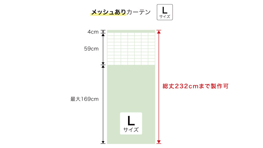 こちらの医療用メッシュカーテンの種類はLサイズ一種類です。総丈232cmまで製作可能。