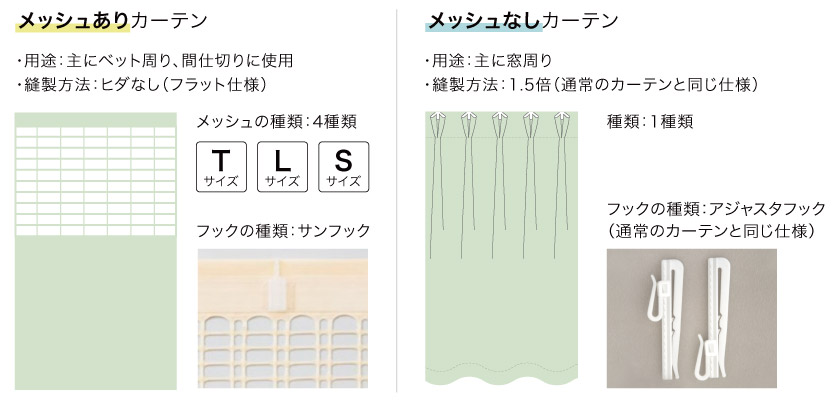 こちらの医療用カーテンはメッシュ有りとメッシュ無しがあります。
メッシュ有りは、主にベット周り、間仕切りに使用。縫製方法:ヒダなし、フックの種類:サンフックです。
メッシュ無しは、主に窓周り使用。縫製方法は1.5倍、フックの種類:アジャスタフックです。