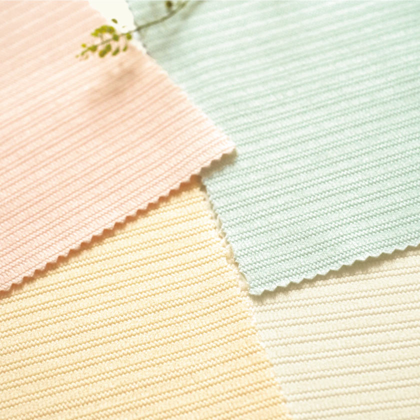 病院用間仕切りメッシュカーテン ベーシックのアイボリー、イエロー、ピンク、グリーンの色見本です。