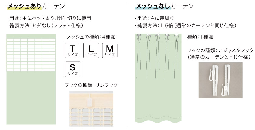こちらの医療用カーテンはメッシュ有りとメッシュ無しがあります。
メッシュ有りは、主にベット周り、間仕切りに使用。縫製方法：ヒダなし、フックの種類：サンフックです。
メッシュ無しは、主に窓周り使用。縫製方法は1.5倍、フックの種類：アジャスタフックです。