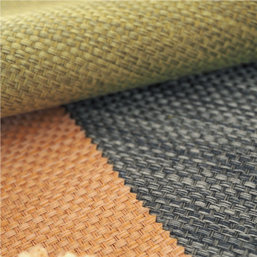 「遮光　ざっくりでナチュラルなカーテン」の生地アップです。オレンジ、グリーン、ブルーグレーです。