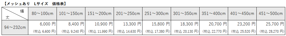 病院用間仕切りカーテン①　ベーシックメッシュありLサイズ価格表