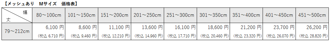病院用間仕切りカーテン②　消臭ベーシックメッシュありMサイズ価格表