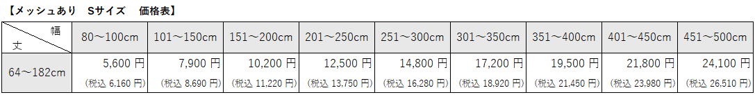 病院用間仕切りカーテン②　消臭ベーシックメッシュありSサイズ価格表