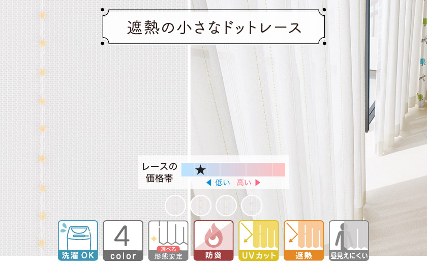 小さなドットが入った、かわいい遮熱機能付きレースカーテン。