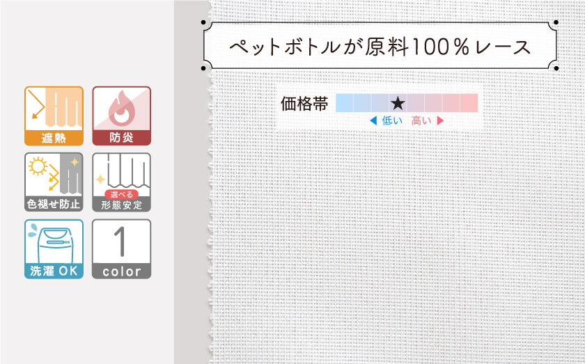 【オフィス・公共施設用】遮熱、防炎機能付きの、再生糸１００%のレースカーテン