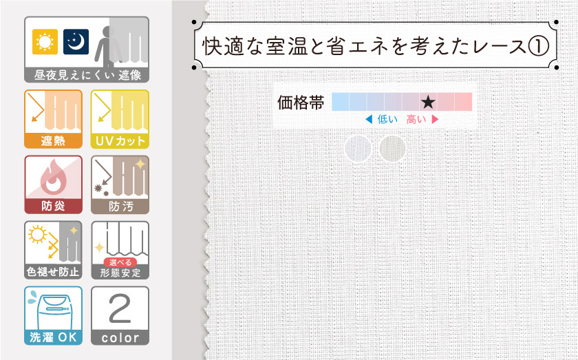 オフィス・公共施設用の、省エネ多機能レース。防汚、防炎、遮像機能、遮熱、UVカット、高耐光機能つき。