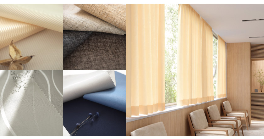 ホテル・宿泊施設の、様々なお部屋に合わせやすいシンプルなドレープの生地見本