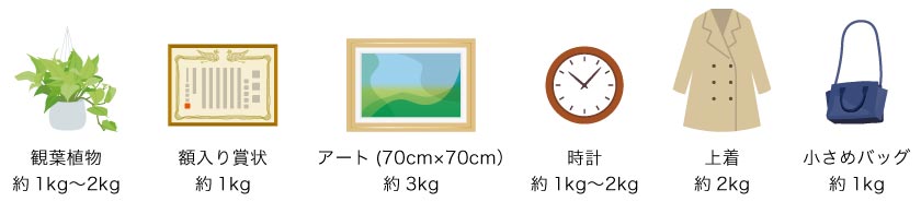 ピクチャーレールに掛ける物の重量目安です。よく掛けられている植物、絵、賞状、時計、バッグや上着などの衣類のおおよその重さを出しています。