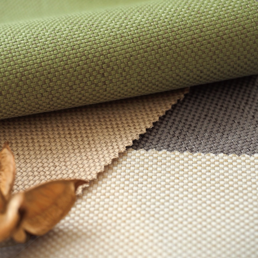 生地のアップ画像です。上から、グリーン、ベージュ、グレー、アイボリーです。ざっくりとした織り目が生み出す素朴な質感です。