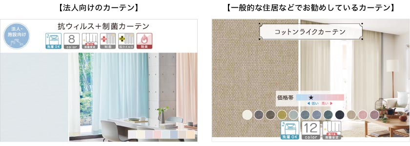 当店では、法人向けのカーテンと一般的な住宅向けカーテンで商品の紹介画像を変えています。