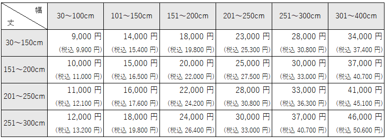 法人向けカーテン・遮光＋抗ウィルスカーテン価格表