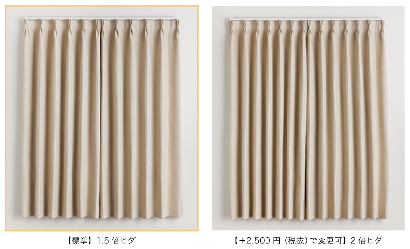 カーテンの1.5倍ヒダと2倍ヒダの比較です。2倍ヒダは1.5倍ヒダに比べ、使う生地も多く、豪華な見た目になります