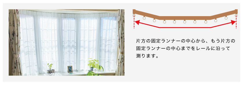 オーダーカーテンの簡単な幅の採寸方法です。出窓のレールの場合は、ランナーの中央からもう片方のランナー中央までを図ります。