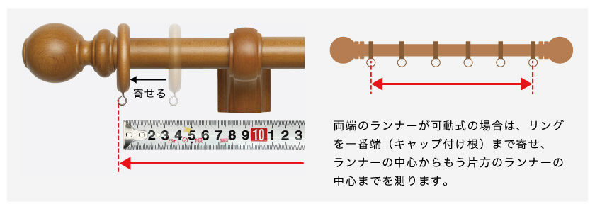 オーダーカーテンの簡単な幅の採寸方法です。装飾レールの場合は、ランナーの中央からもう片方のランナー中央までを図ります。